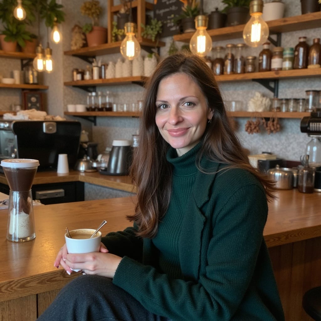 Rachel, physiotherapist, sitting in a café with a cup of coffee